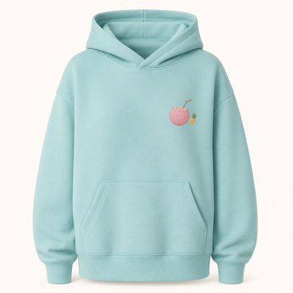 Model wearing the PinkyCoco Turquoise Plumeria Shell oversized fleece hoodie