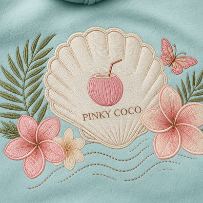 Side view of the PinkyCoco Turquoise Plumeria Shell women's hoodie