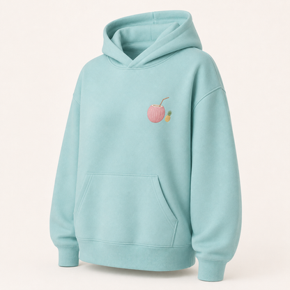 Three-quarter view of the PinkyCoco Turquoise Plumeria Shell women's hoodie
