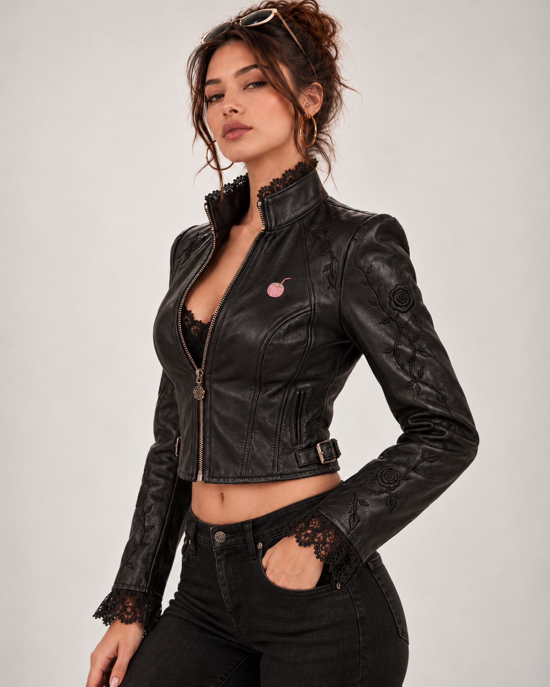 PinkyCoco Vamp Noir black lace-trim jacket model styling