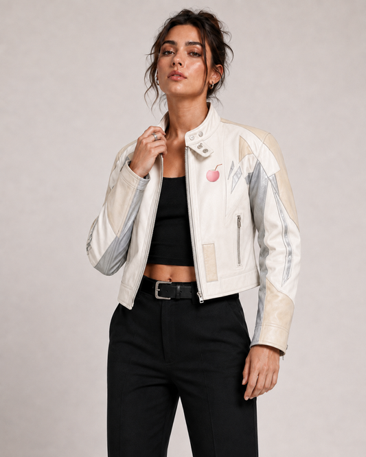 PinkyCoco Vanilla Vinyl women's cream moto jacket front model view