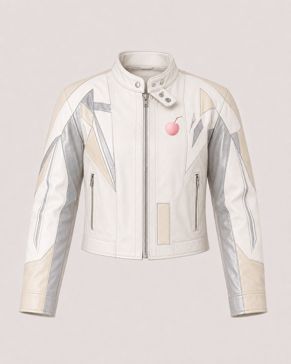 PinkyCoco Vanilla Vinyl cream silver moto jacket front product view