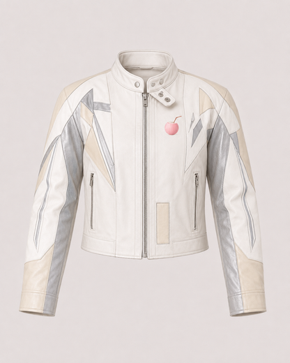 PinkyCoco Vanilla Vinyl cream silver moto jacket front product view