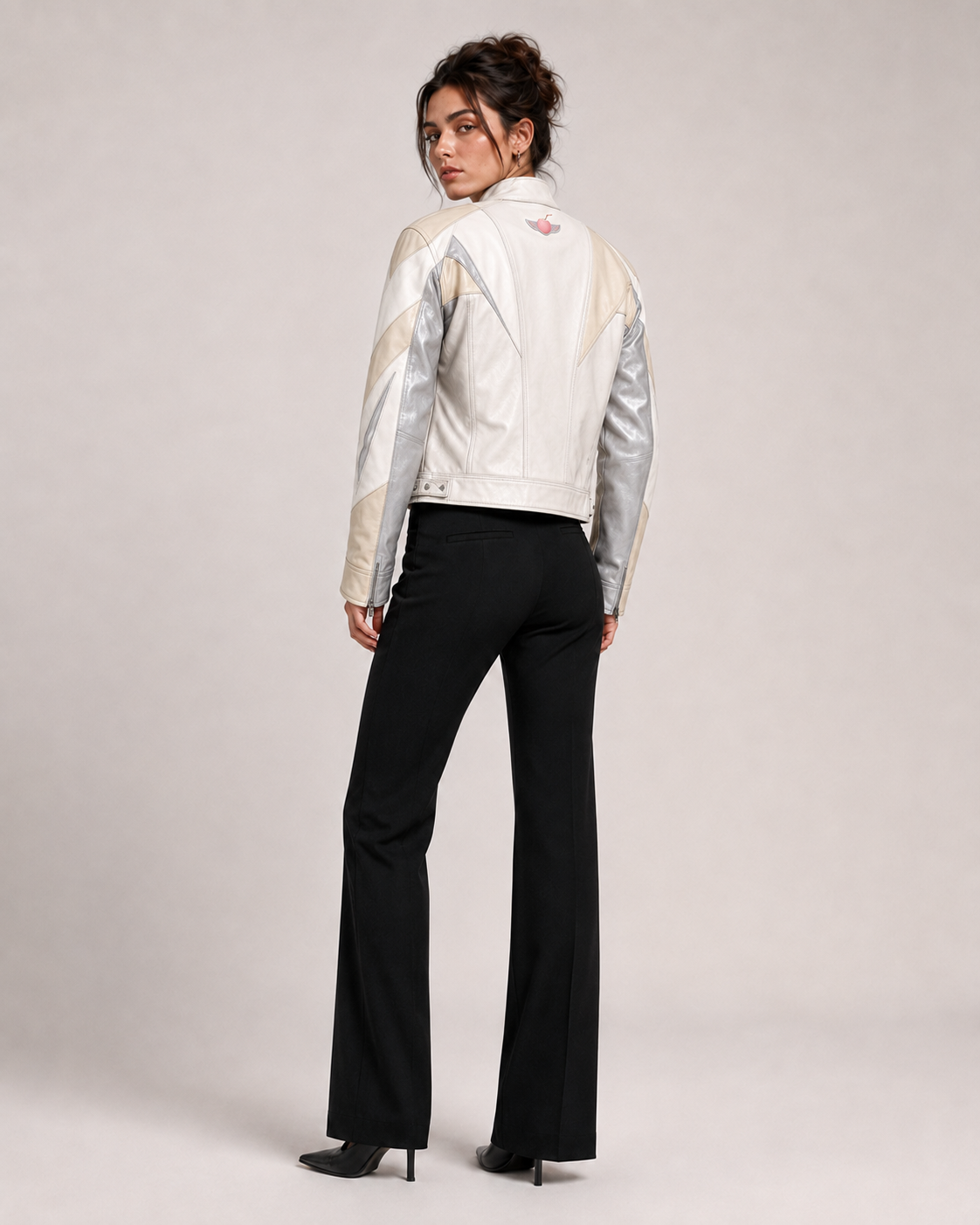 PinkyCoco Vanilla Vinyl women's cream moto jacket back model view