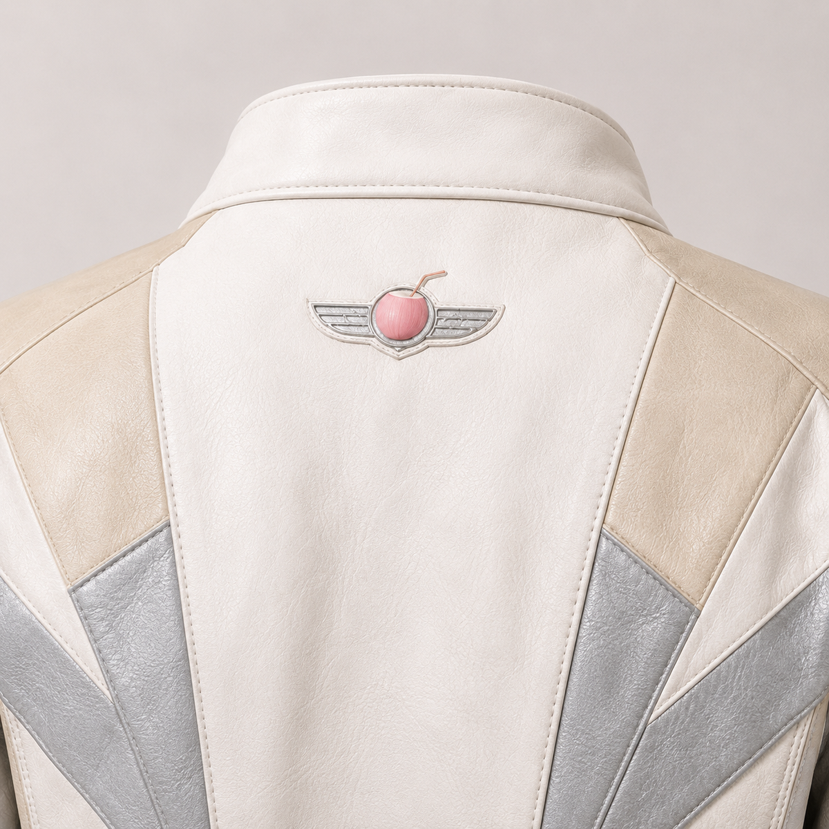PinkyCoco Vanilla Vinyl jacket back winged coconut emblem close-up