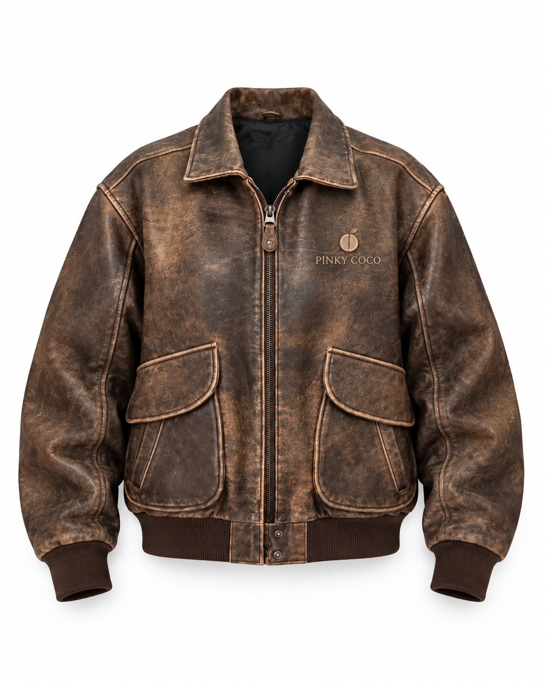 PinkyCoco Vintage Flight distressed brown leather bomber jacket product front view