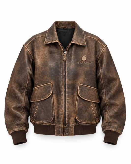 PinkyCoco Vintage Flight distressed brown leather bomber jacket product front view