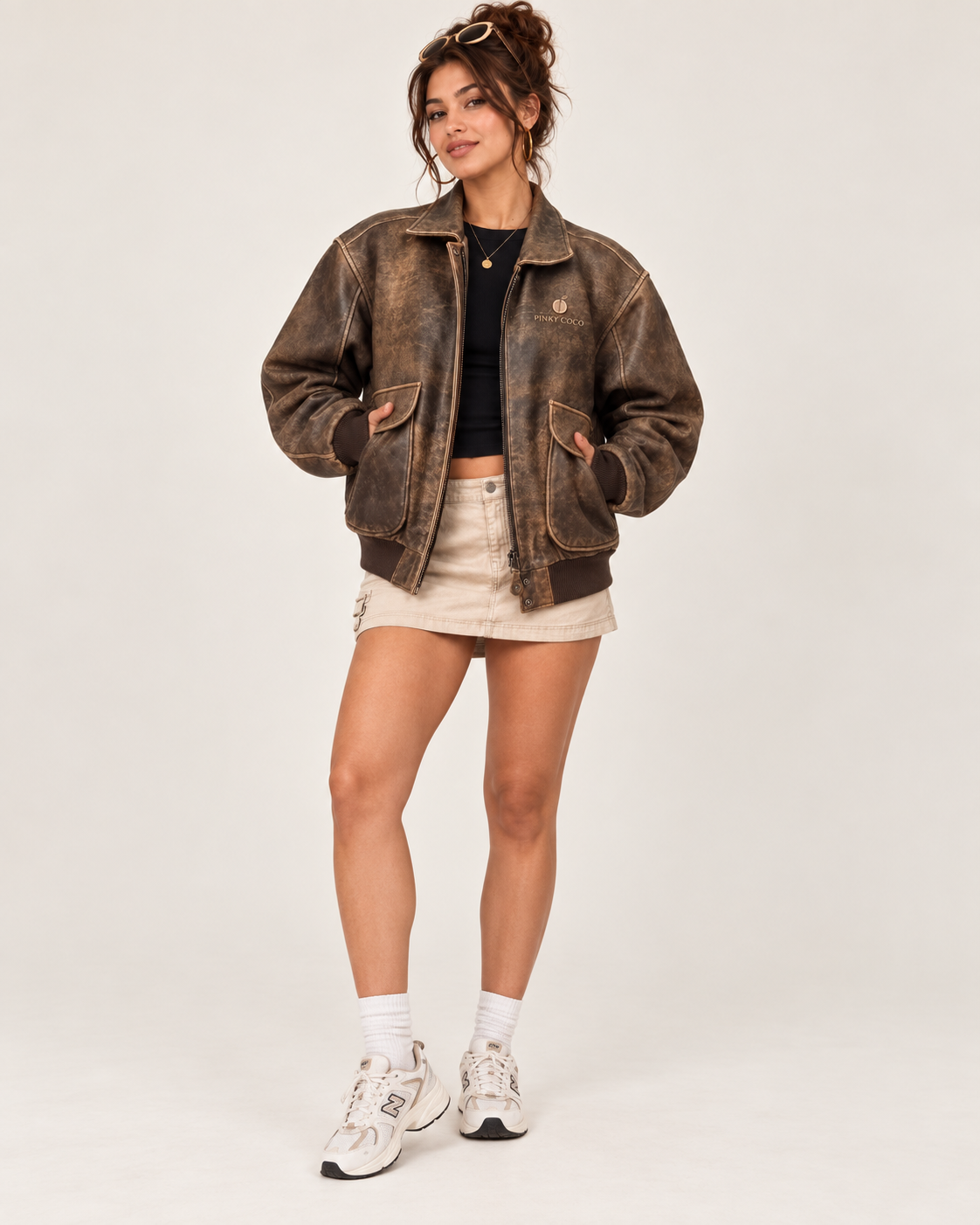 PinkyCoco Vintage Flight brown leather bomber full-length model styling