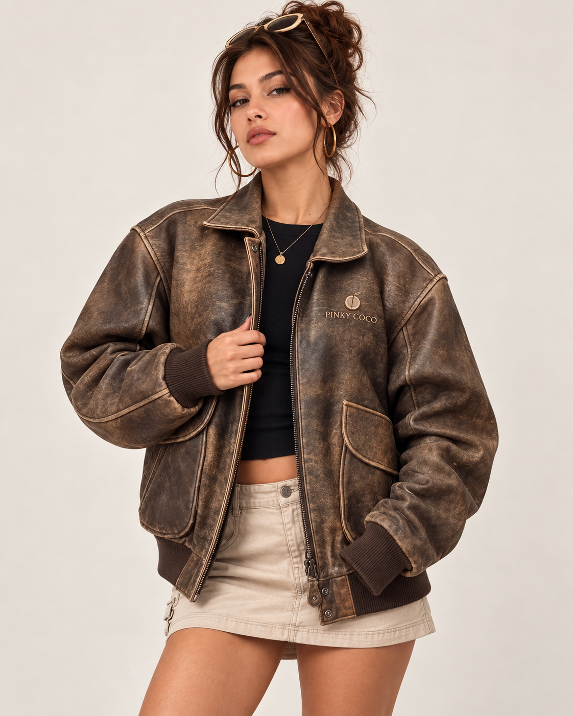 PinkyCoco Vintage Flight oversized leather aviator jacket three-quarter view