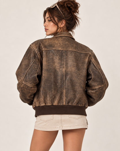 PinkyCoco Vintage Flight distressed brown bomber jacket back view