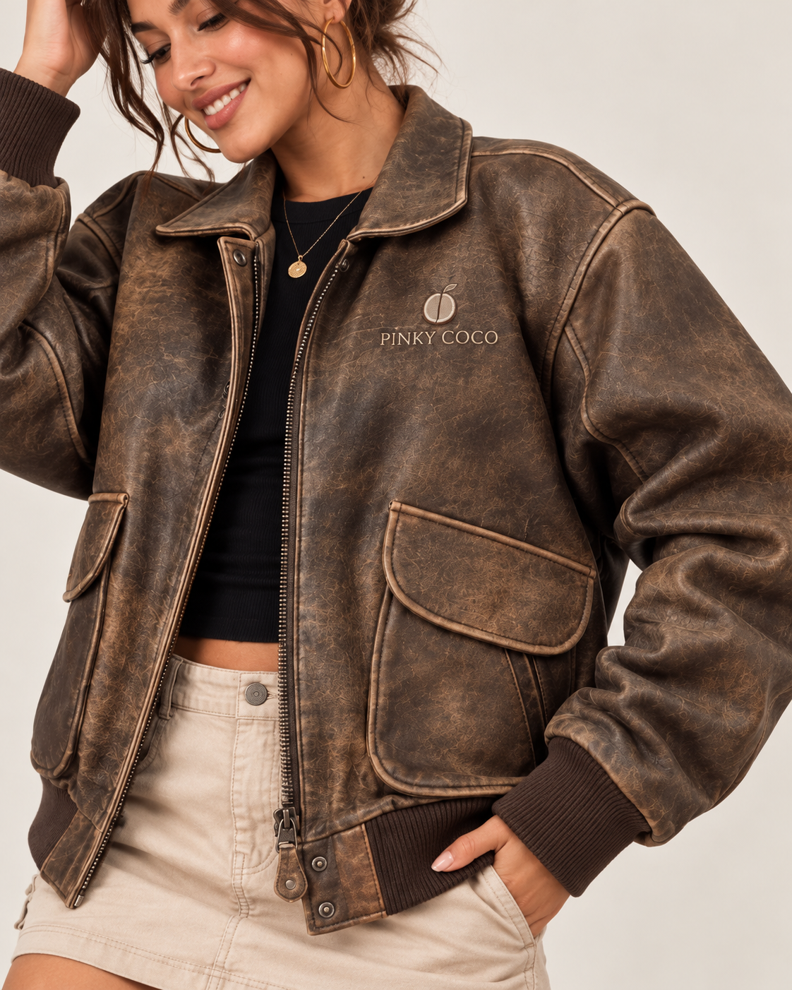 PinkyCoco Vintage Flight leather bomber collar zipper and chest logo detail