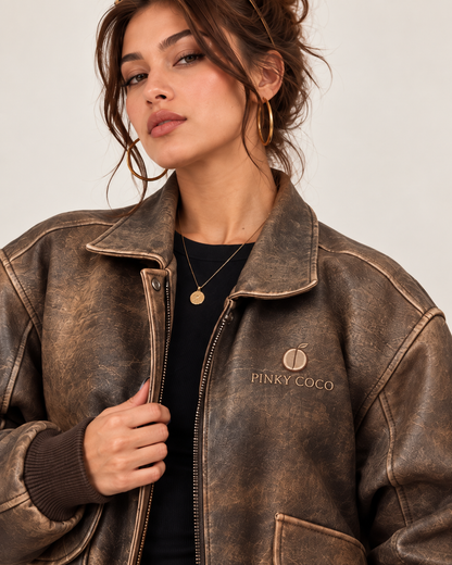 PinkyCoco Vintage Flight oversized brown leather jacket side profile