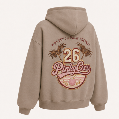 Back view of the PinkyCoco Vintage Palm oversized fleece hoodie