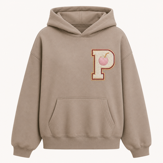 Model wearing the PinkyCoco Vintage Palm oversized fleece hoodie