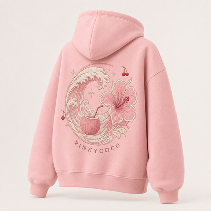 Back view of the PinkyCoco Wave Bloom oversized fleece hoodie