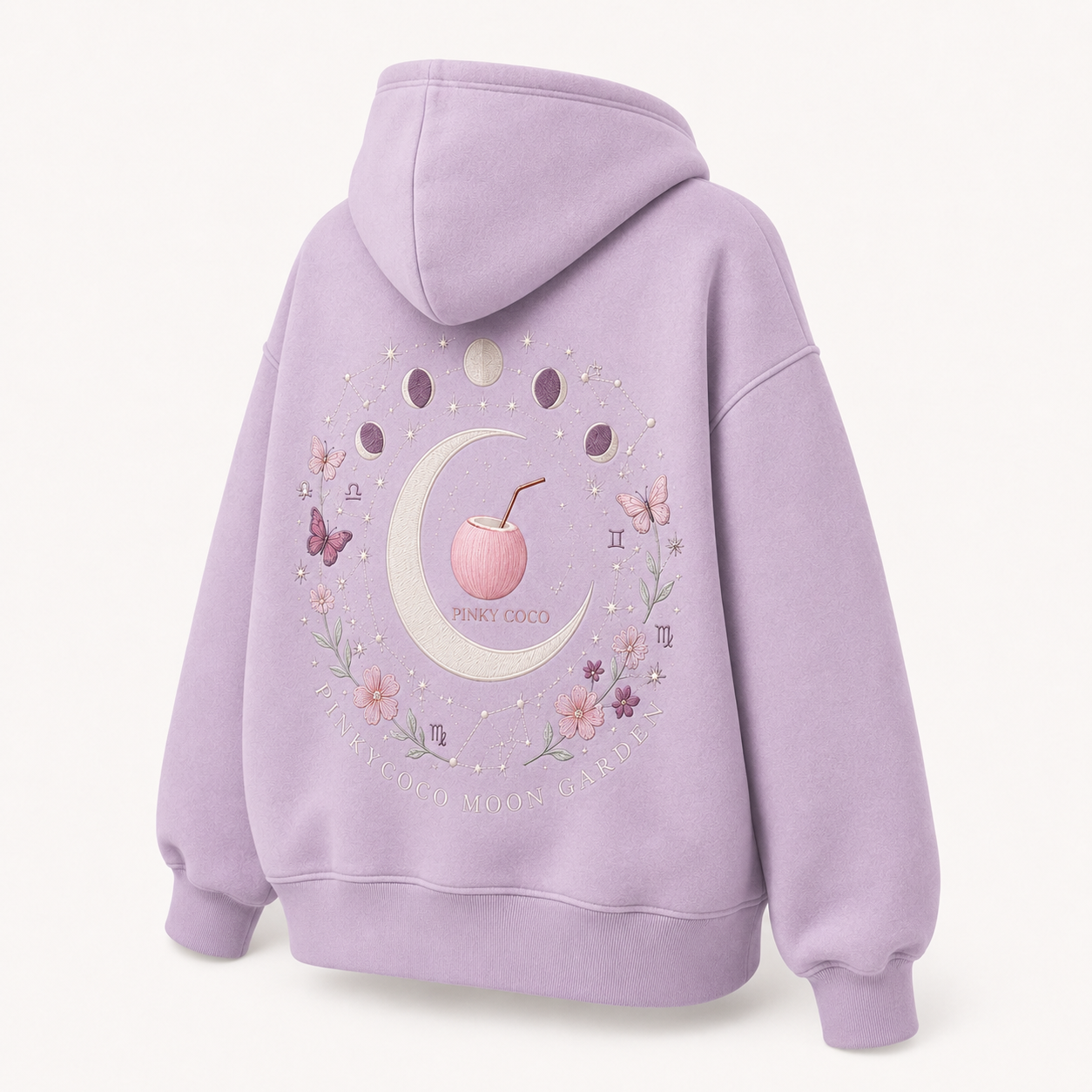 Back view of the PinkyCoco Zodiac Moon Garden oversized fleece hoodie