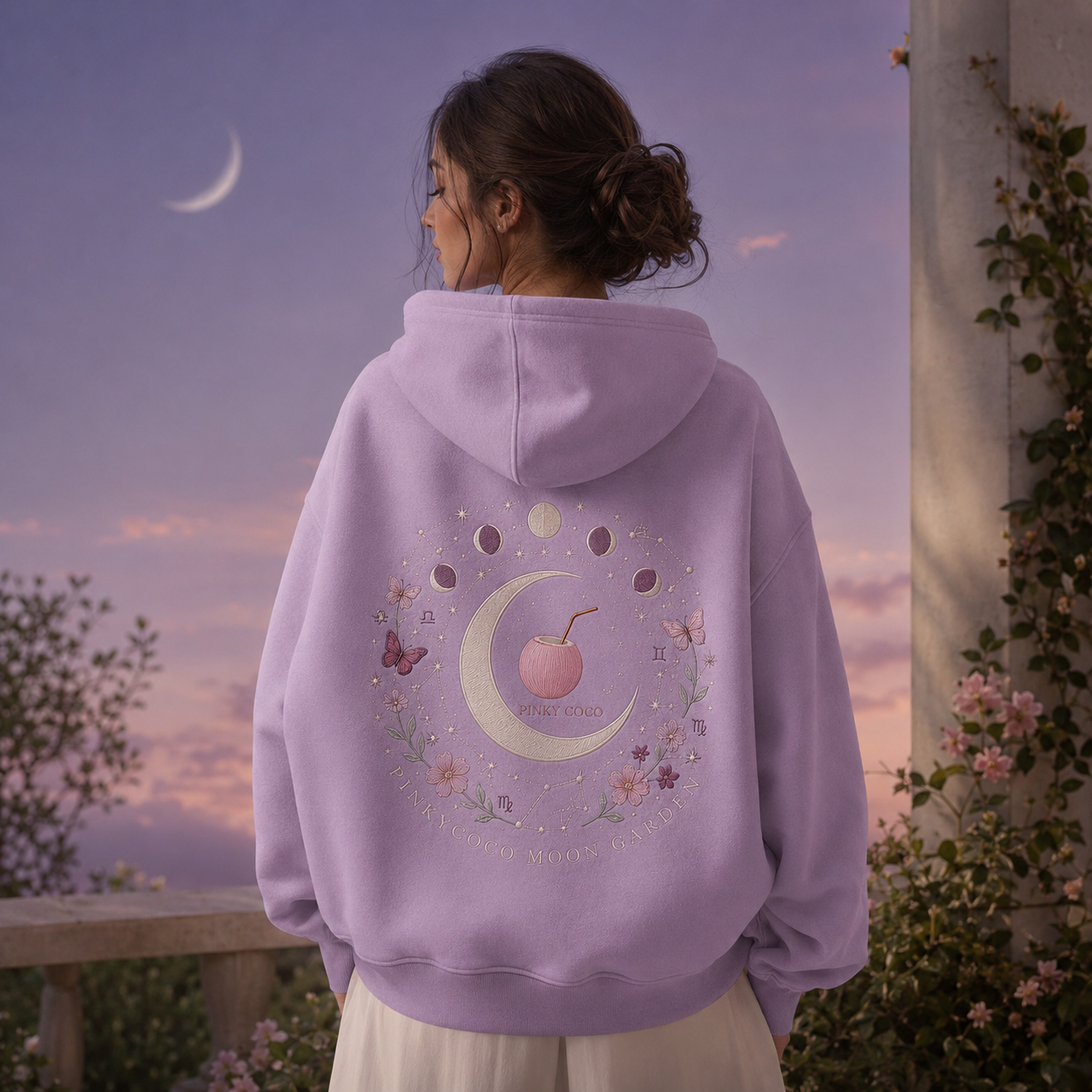 Detail of the hood, cuffs and stitching on the PinkyCoco Zodiac Moon Garden hoodie