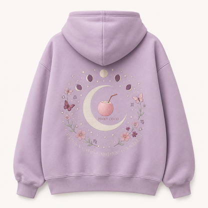 Front view of the PinkyCoco Zodiac Moon Garden women's hoodie