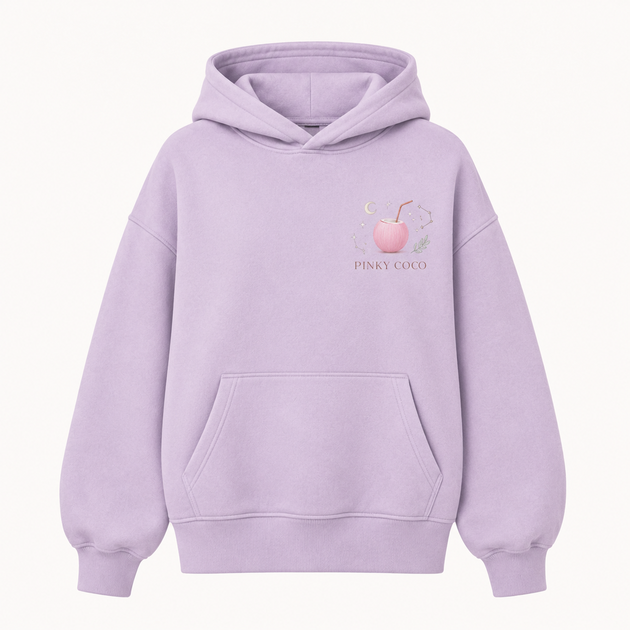 Model wearing the PinkyCoco Zodiac Moon Garden oversized fleece hoodie