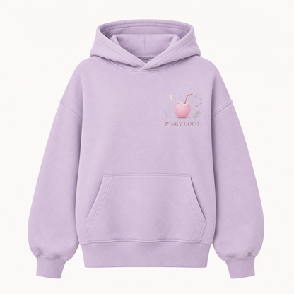 Model wearing the PinkyCoco Zodiac Moon Garden oversized fleece hoodie