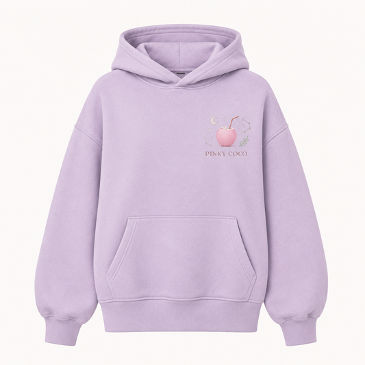 Model wearing the PinkyCoco Zodiac Moon Garden oversized fleece hoodie