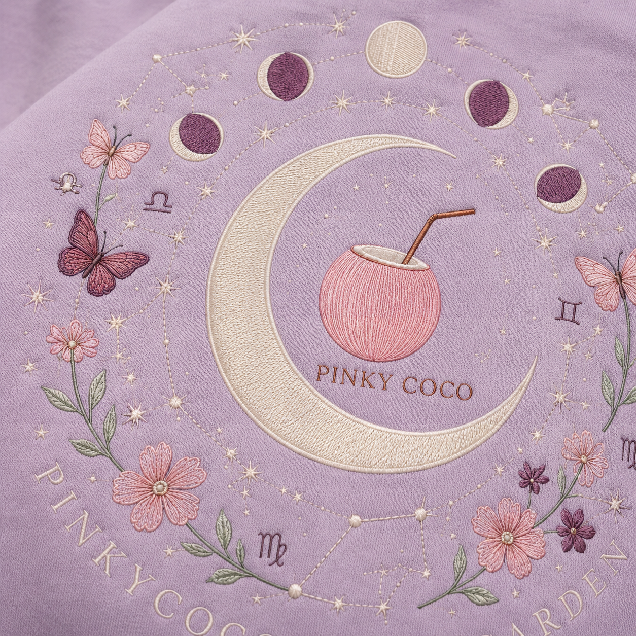 Side view of the PinkyCoco Zodiac Moon Garden women's hoodie