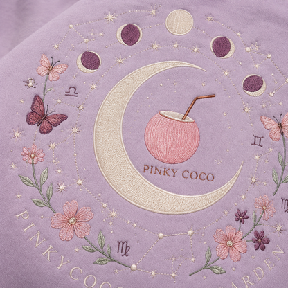 Side view of the PinkyCoco Zodiac Moon Garden women's hoodie